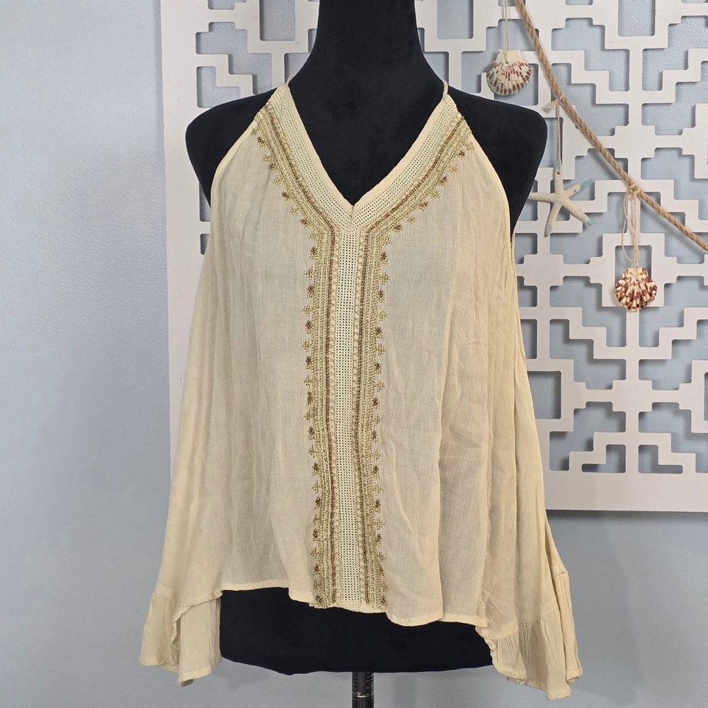 En Creme Womens L Cream Beaded Embroidered Halter Top Open Back Tassel Boho